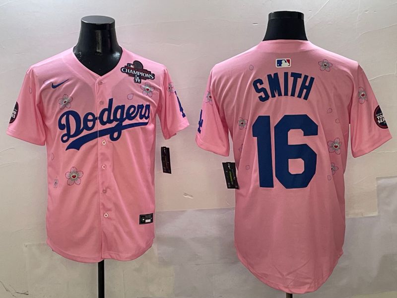 Men Los Angeles Dodgers 16 Smith Pink Sakura Edition 2025 Nike MLB Jersey style 6